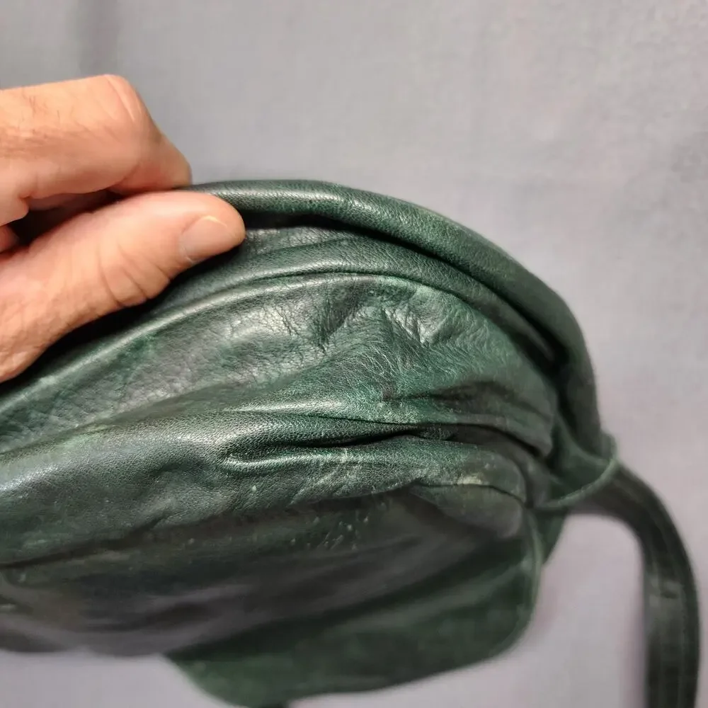 Leather Shoulder Bag Womens Dark Green Flap Pocket Zip Compartments Medium Purse